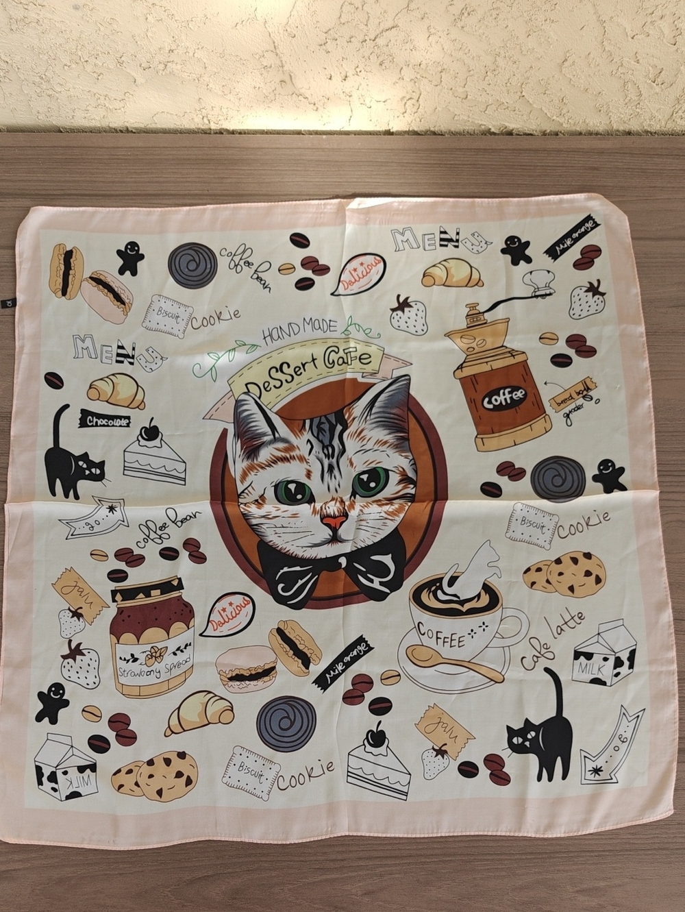 Cat Coffee Dessert Scarf in Pink & Cream